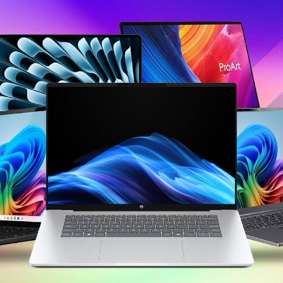 Desktop and laptop computers on display